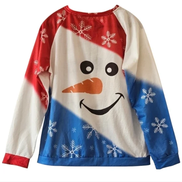 RED WHITE BLUE SNOW MAN & SNOWFLAKES LONG SLEEVE CHRISTMAS TOP WOMEN'S SIZE L-XL - Picture 2 of 2